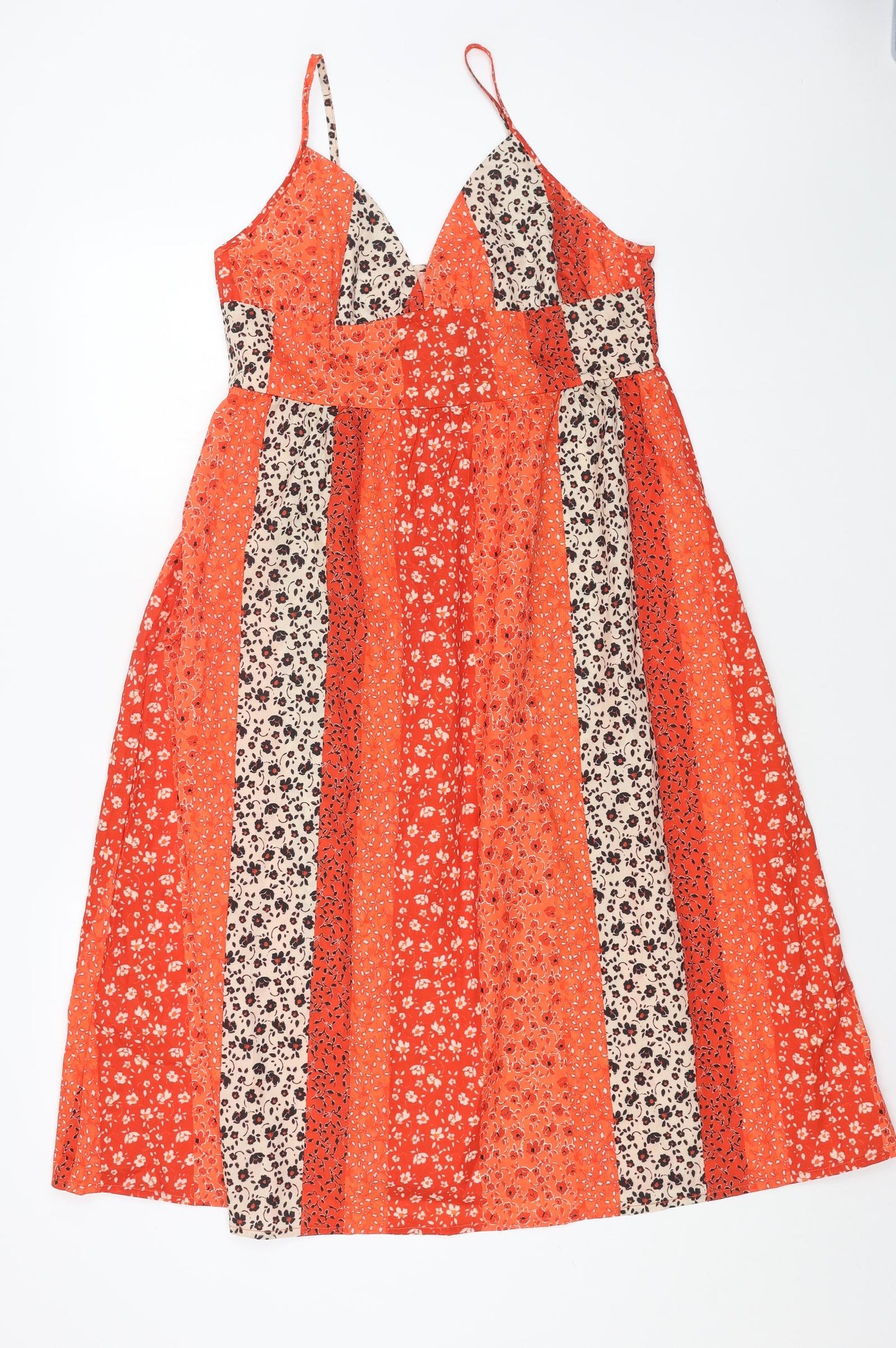 Preworn Womens Orange Floral Polyester Slip Dress Size M V-Neck Zip