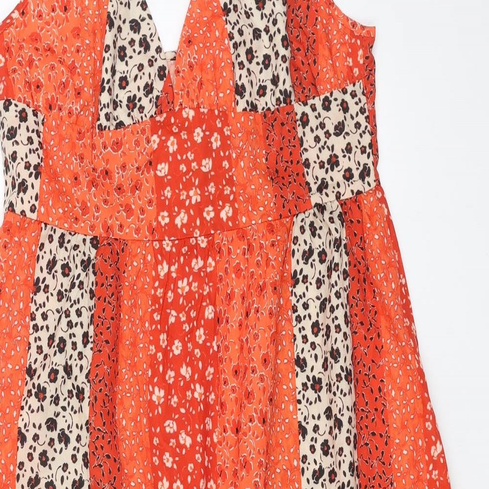 Preworn Womens Orange Floral Polyester Slip Dress Size M V-Neck Zip