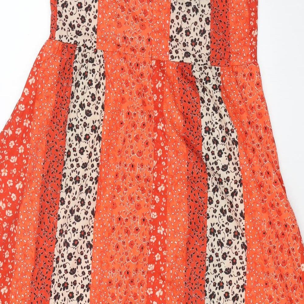 Preworn Womens Orange Floral Polyester Slip Dress Size M V-Neck Zip
