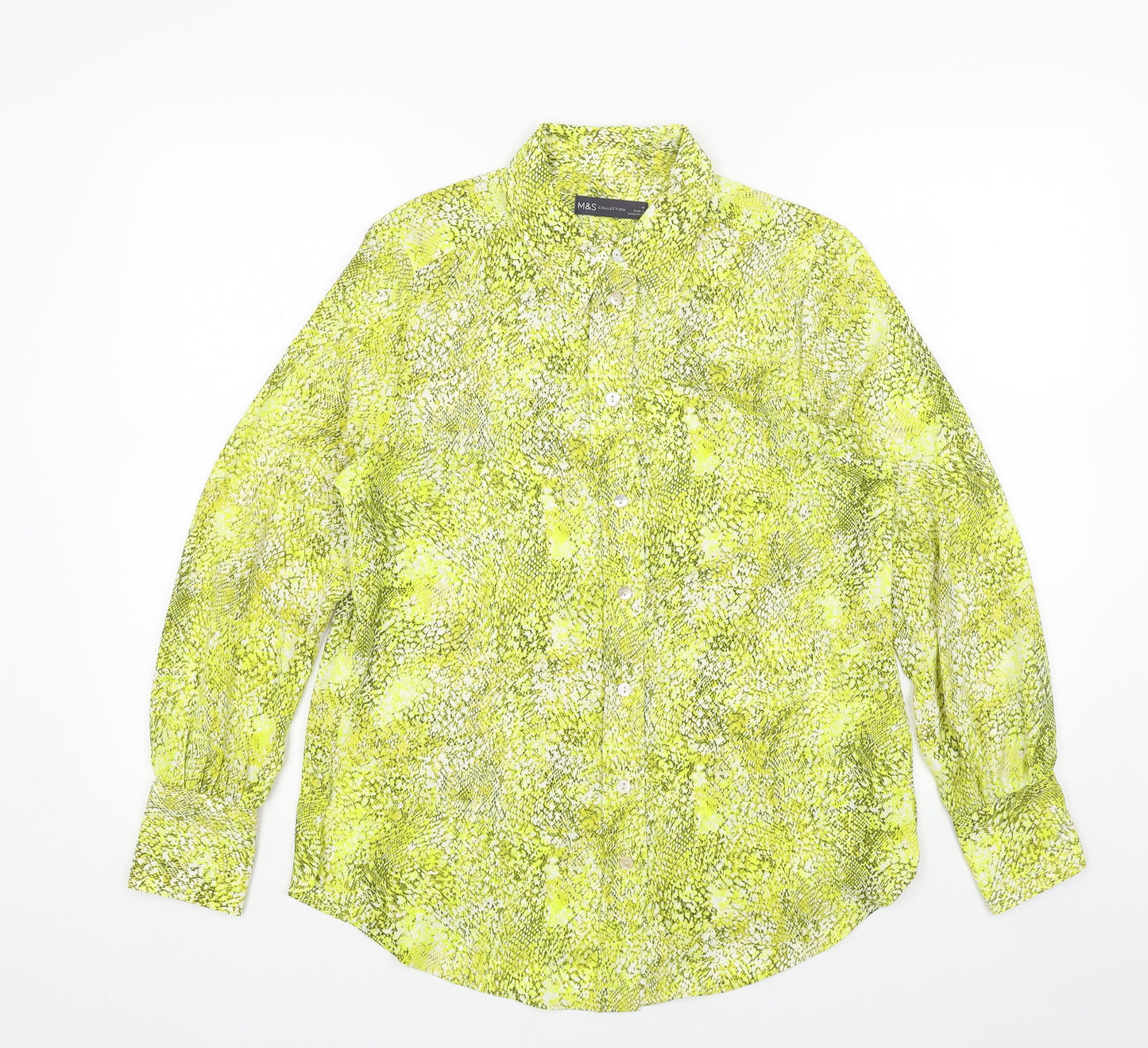 Marks and Spencer Womens Yellow Animal Print Polyester Basic Button-Up Size 10 Collared - Snake Print