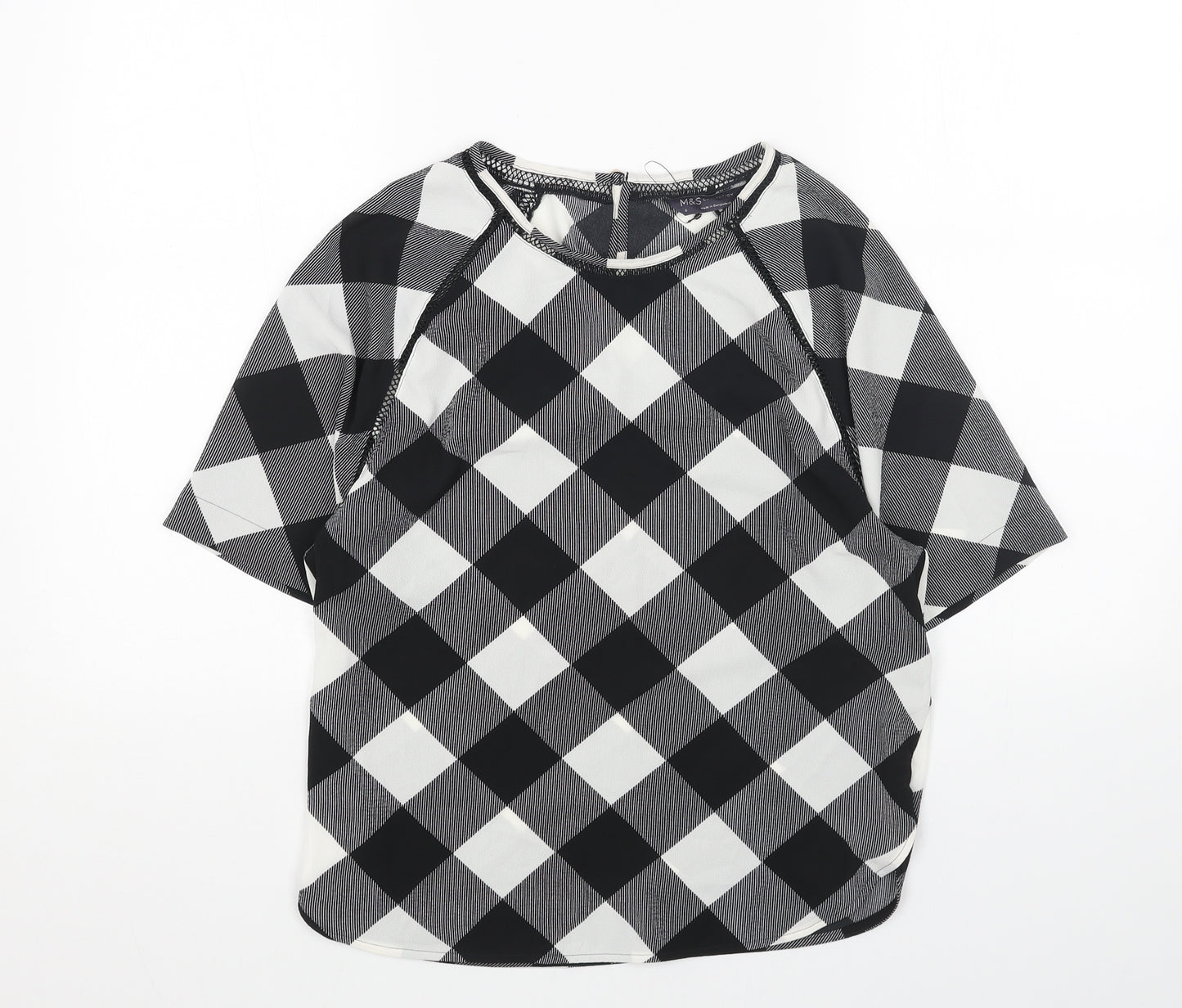 Marks and Spencer Womens White Check Polyester Basic Blouse Size 8 Boat Neck