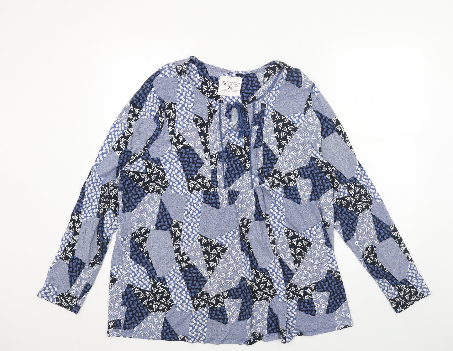 TU Womens Blue Geometric Viscose Basic Blouse Size 22 Boat Neck