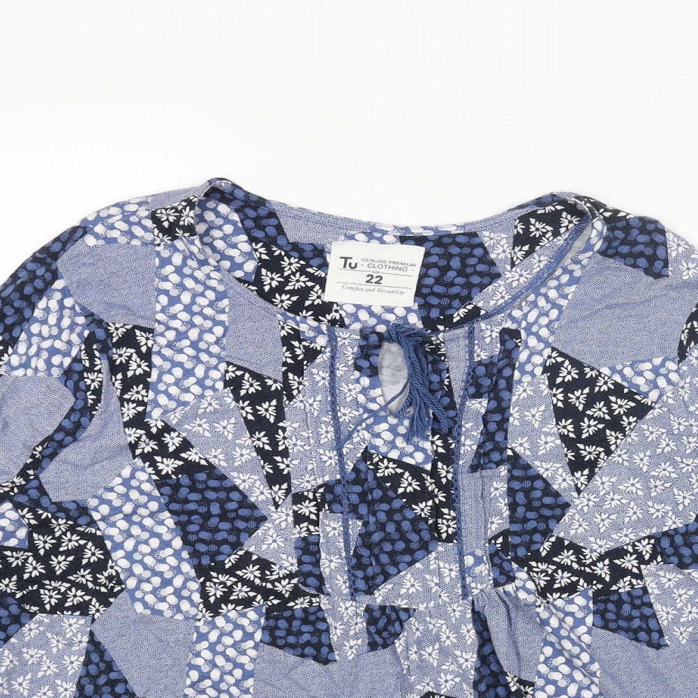 TU Womens Blue Geometric Viscose Basic Blouse Size 22 Boat Neck