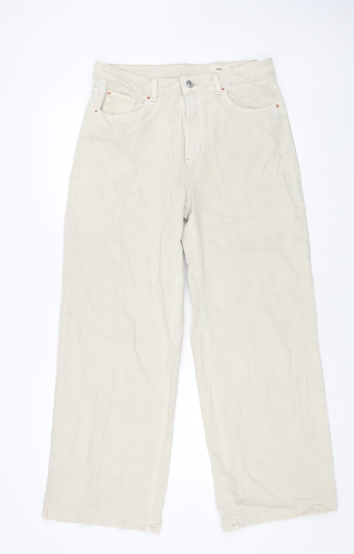 Marks and Spencer Womens Beige Cotton Wide-Leg Jeans Size 14 L29 in Regular Button