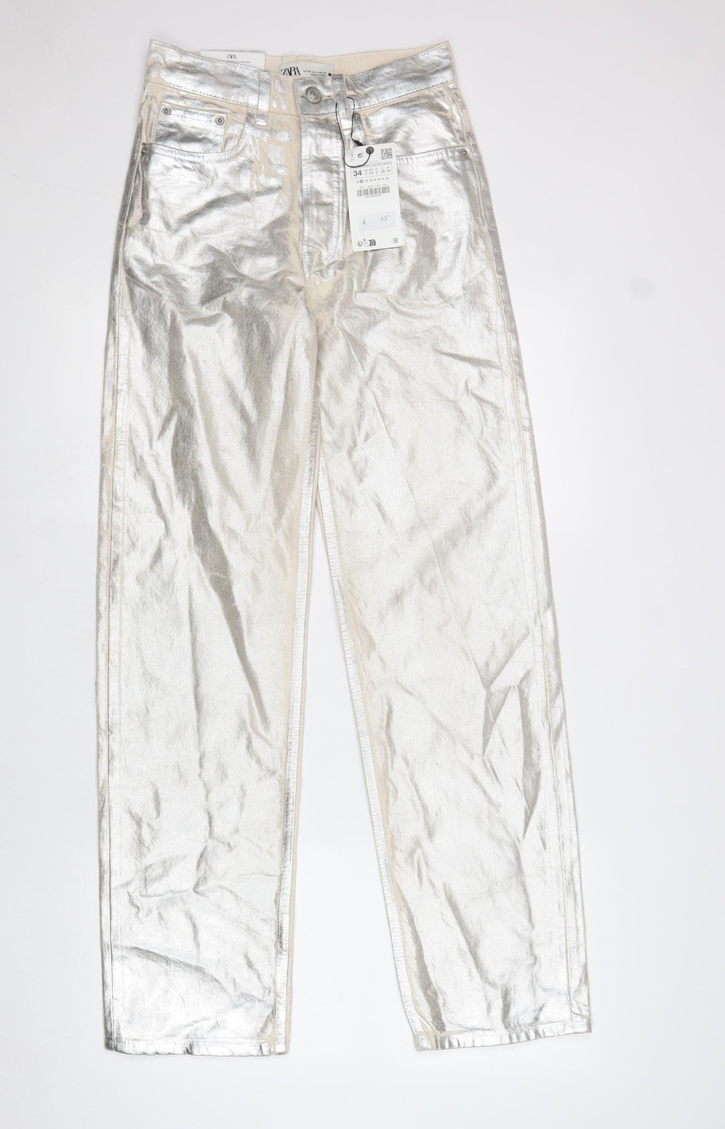 Zara Womens Silver Cotton Trousers Size 6 L32 in Regular Zip