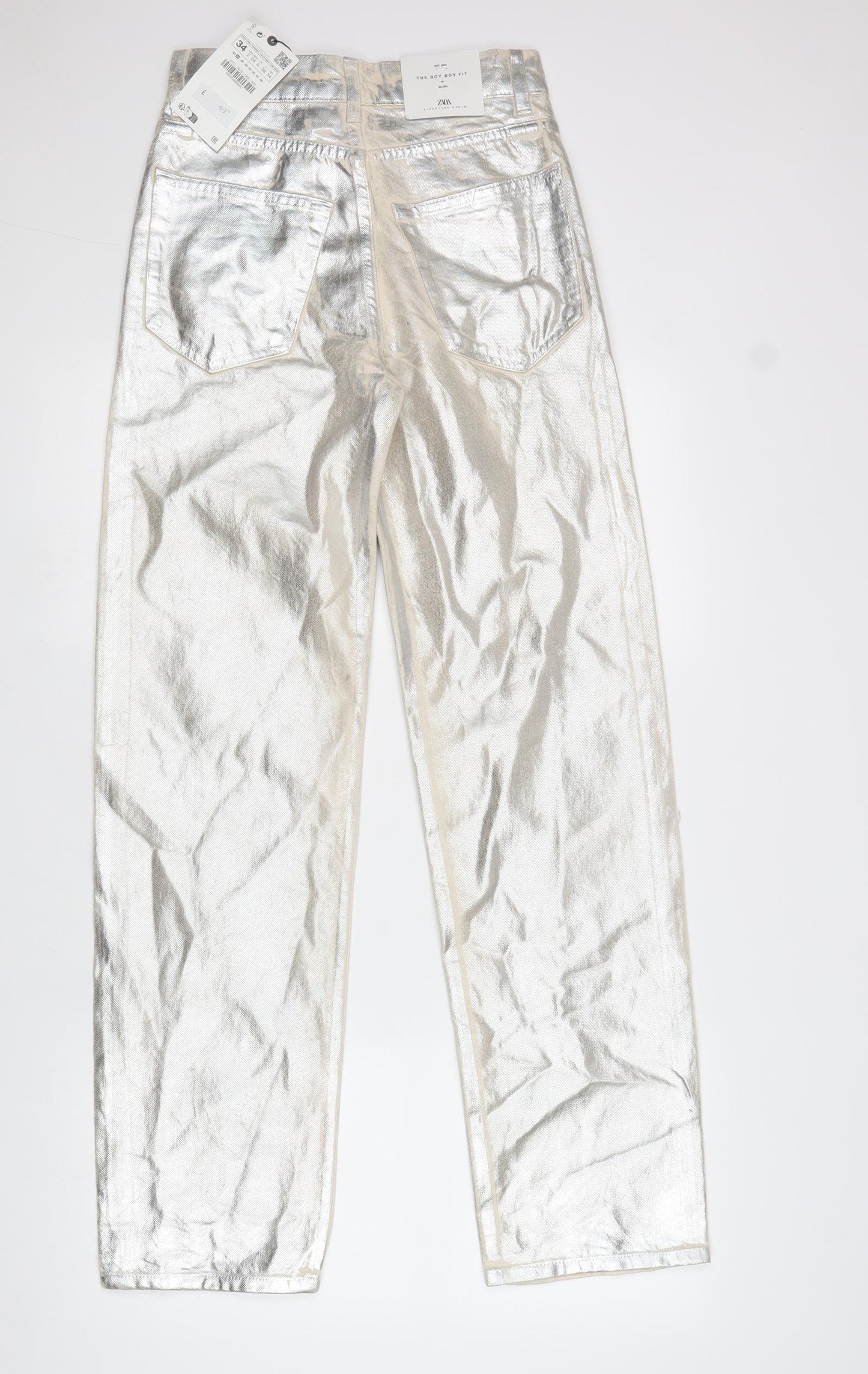 Zara Womens Silver Cotton Trousers Size 6 L32 in Regular Zip