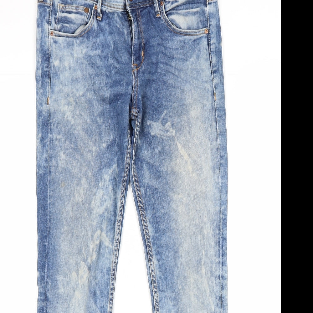 H&M Mens Blue Cotton Skinny Jeans Size 30 in L32 in Regular Zip - Acid Wash, Distressed Hems