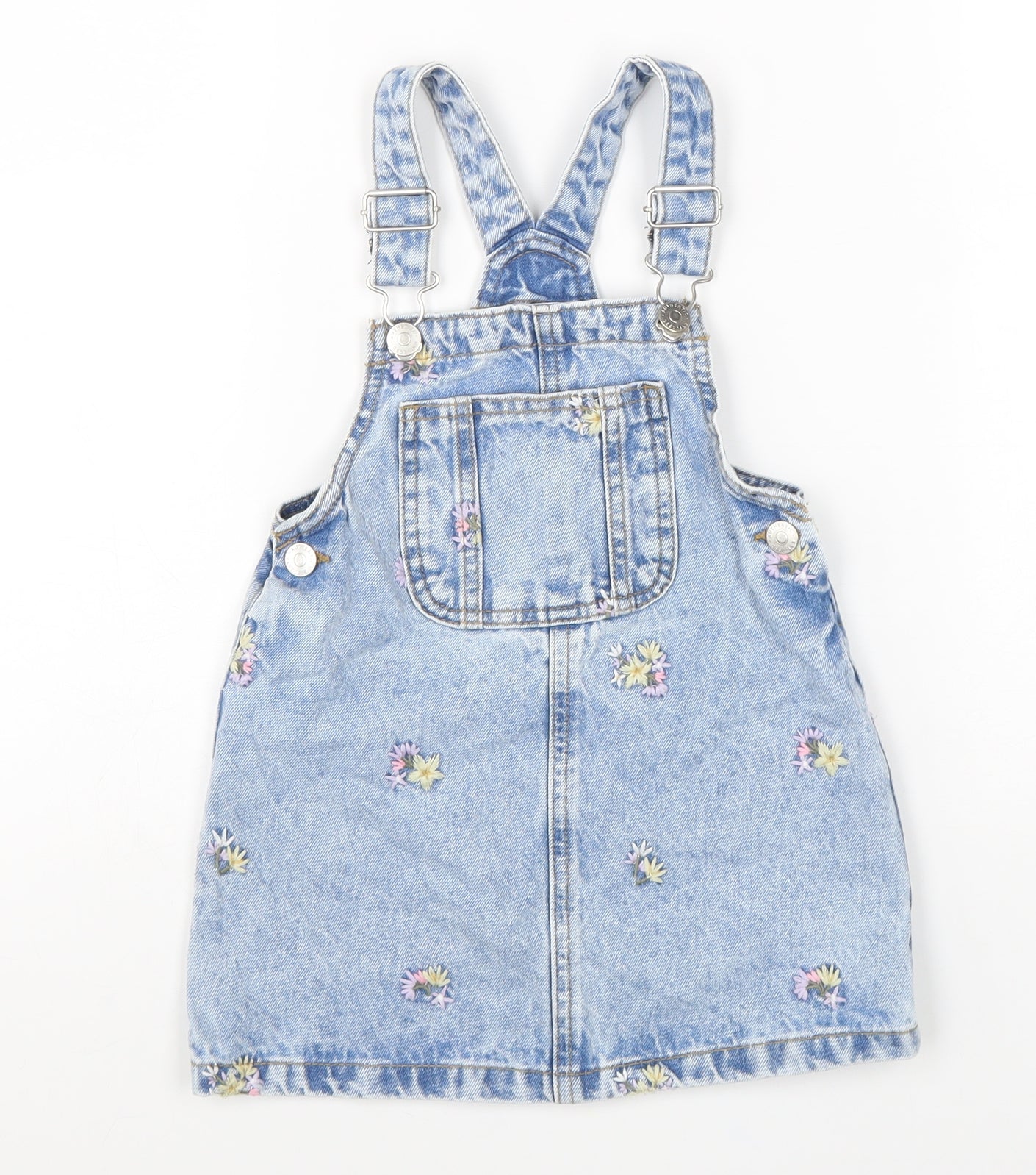 George Girls Blue Cotton Pinafore/Dungaree Dress Size 2-3 Years Square Neck Buckle