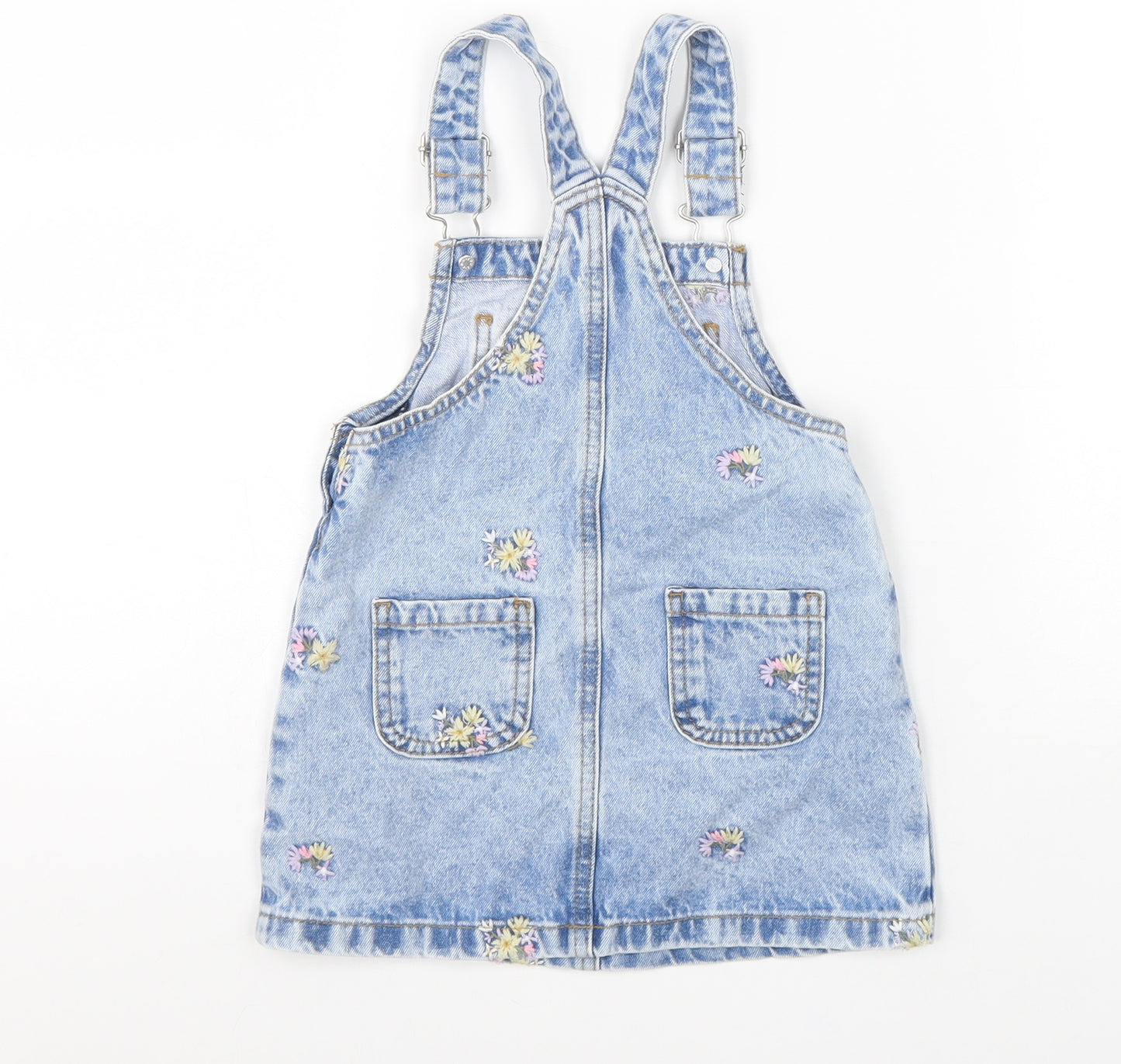 George Girls Blue Cotton Pinafore/Dungaree Dress Size 2-3 Years Square Neck Buckle