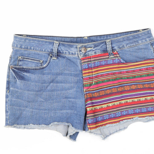 VERO MODA Womens Blue Geometric Cotton Cut-Off Shorts Size 30 L3 in Regular Zip