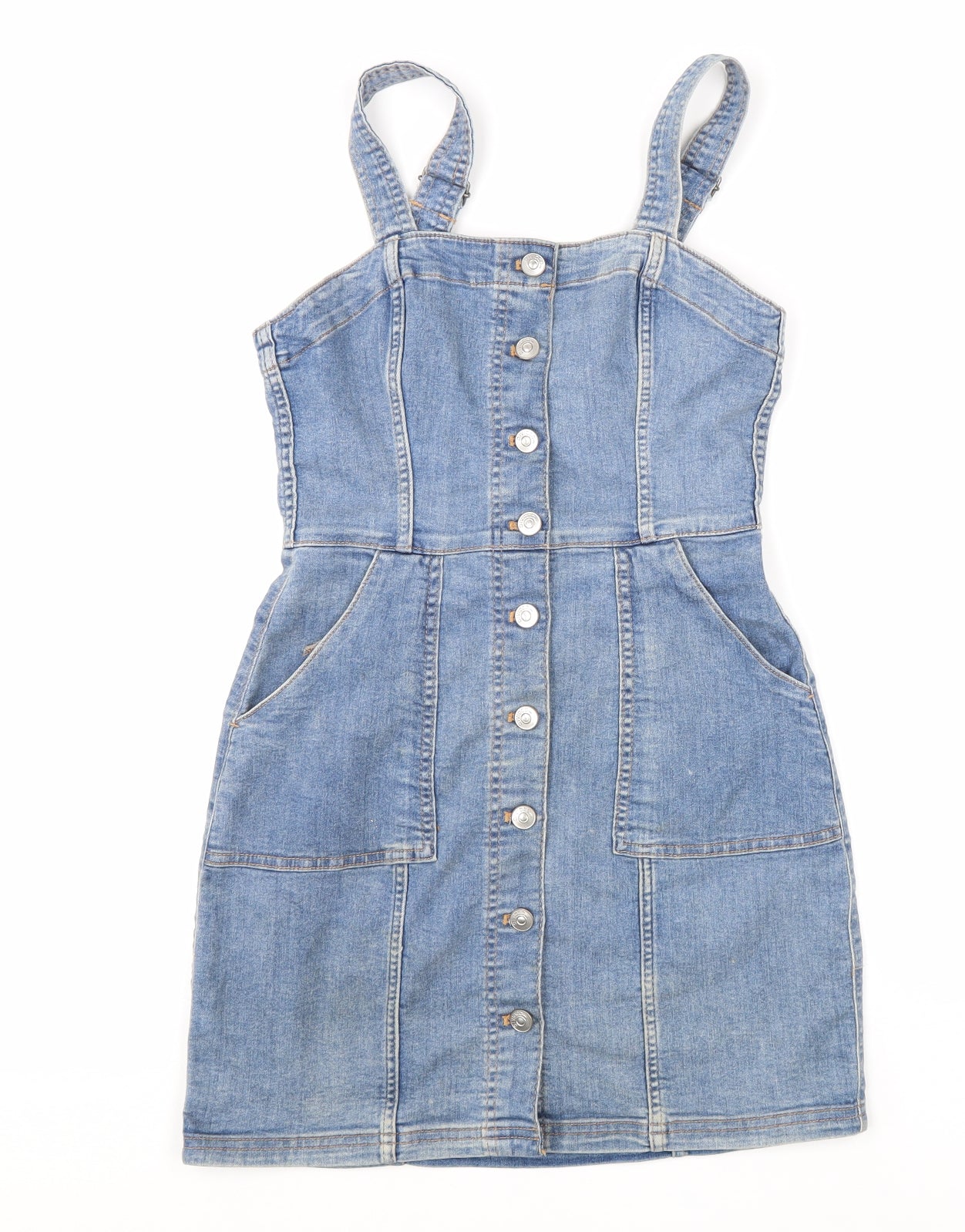 Divided Womens Blue Cotton Pinafore/Dungaree Dress Size 8 Square Neck Buckle
