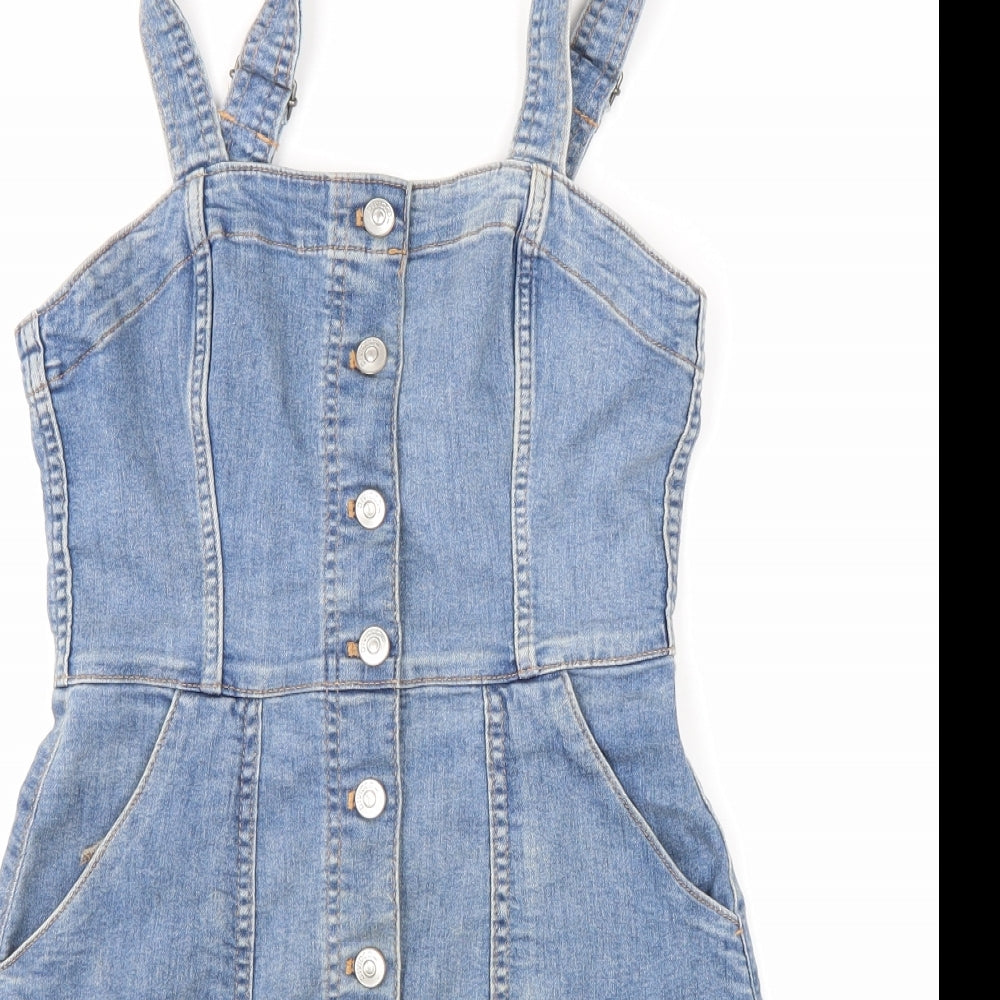 Divided Womens Blue Cotton Pinafore/Dungaree Dress Size 8 Square Neck Buckle