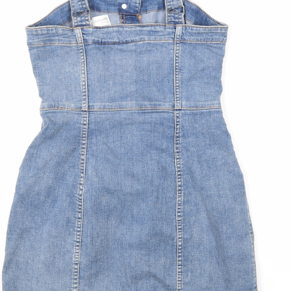 Divided Womens Blue Cotton Pinafore/Dungaree Dress Size 8 Square Neck Buckle