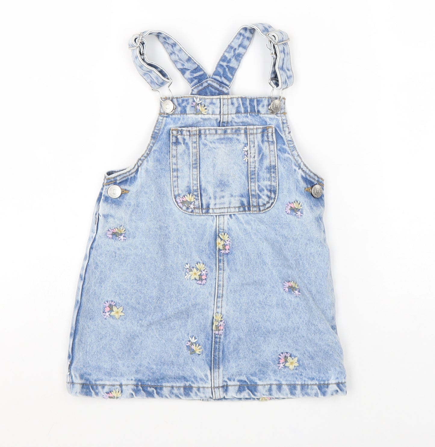George Girls Blue Cotton Pinafore/Dungaree Dress Size 2-3 Years Square Neck Buckle