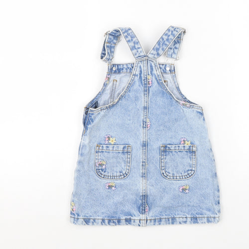 George Girls Blue Cotton Pinafore/Dungaree Dress Size 2-3 Years Square Neck Buckle