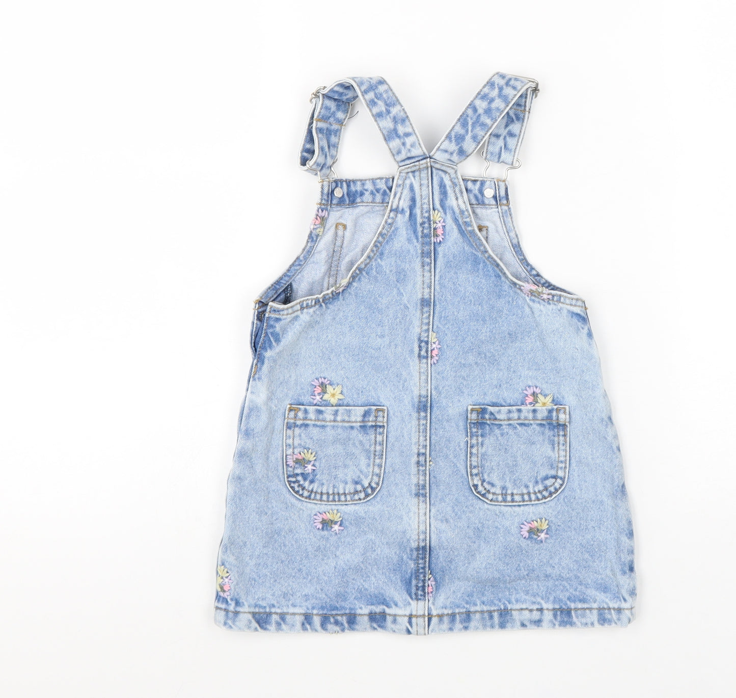 George Girls Blue Cotton Pinafore/Dungaree Dress Size 2-3 Years Square Neck Buckle