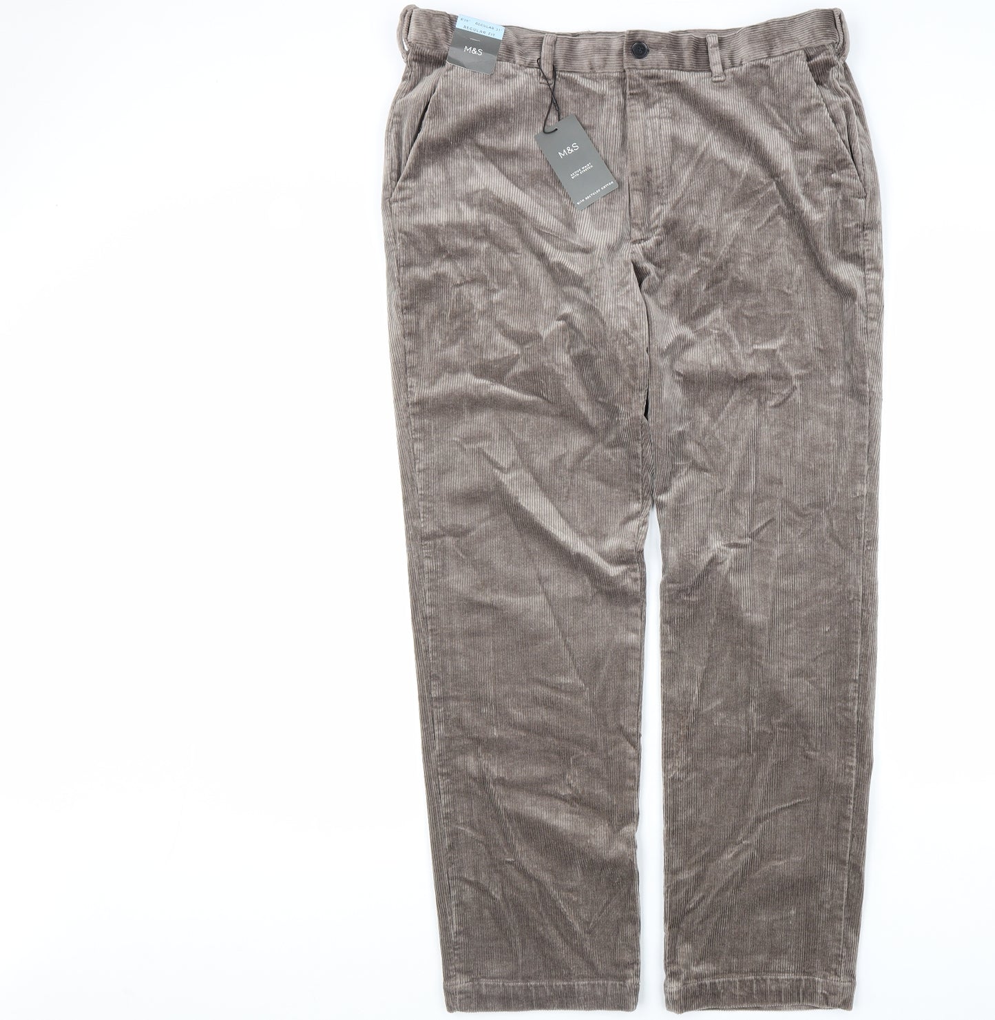Marks and Spencer Mens Beige Cotton Trousers Size 38 in L31 in Regular Zip