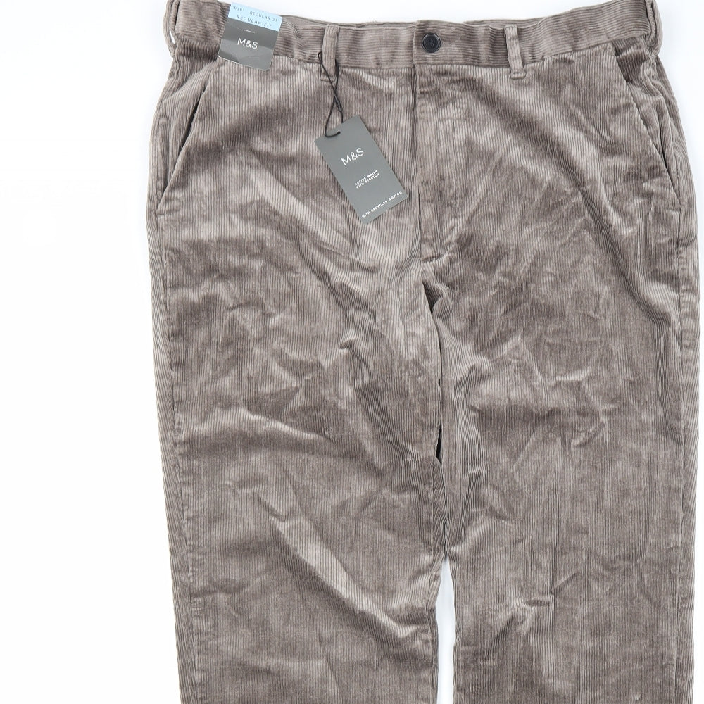 Marks and Spencer Mens Beige Cotton Trousers Size 38 in L31 in Regular Zip