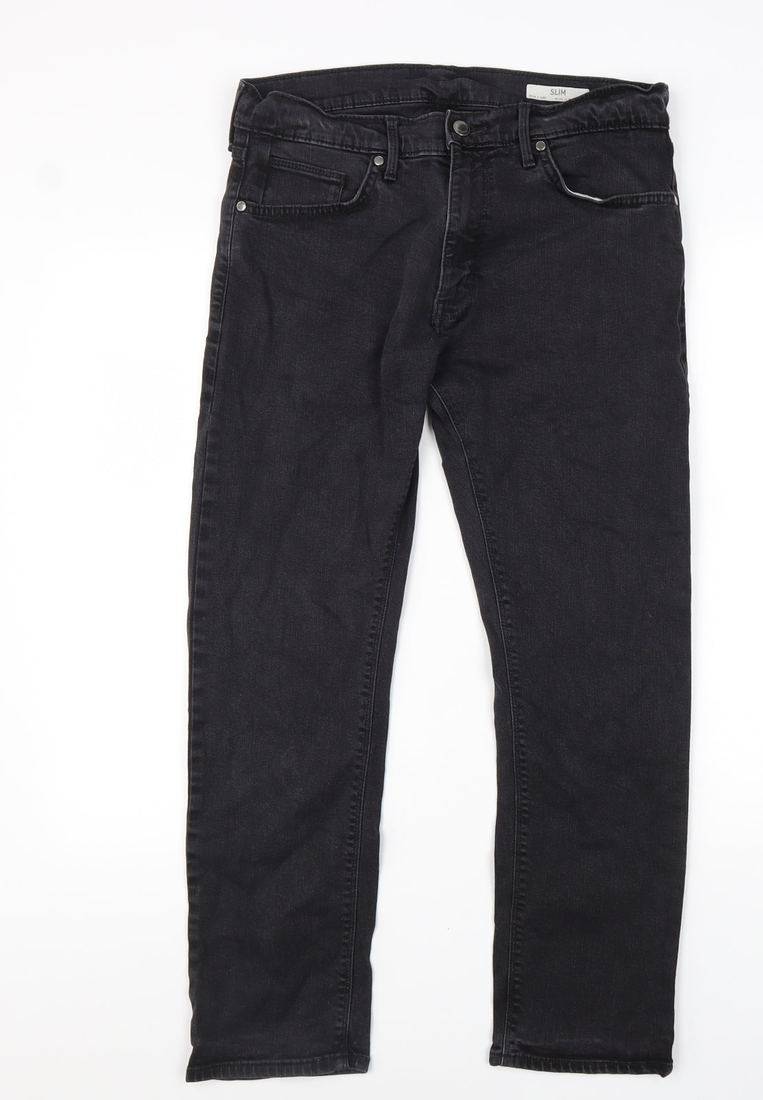 Marks and Spencer Mens Black Cotton Straight Jeans Size 34 in L29 in Slim Zip