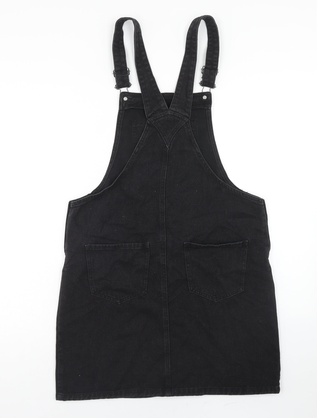 NEXT Womens Black Cotton Pinafore/Dungaree Dress Size 12 Square Neck Buckle