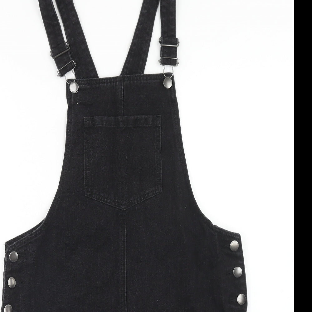 NEXT Womens Black Cotton Pinafore/Dungaree Dress Size 12 Square Neck Buckle
