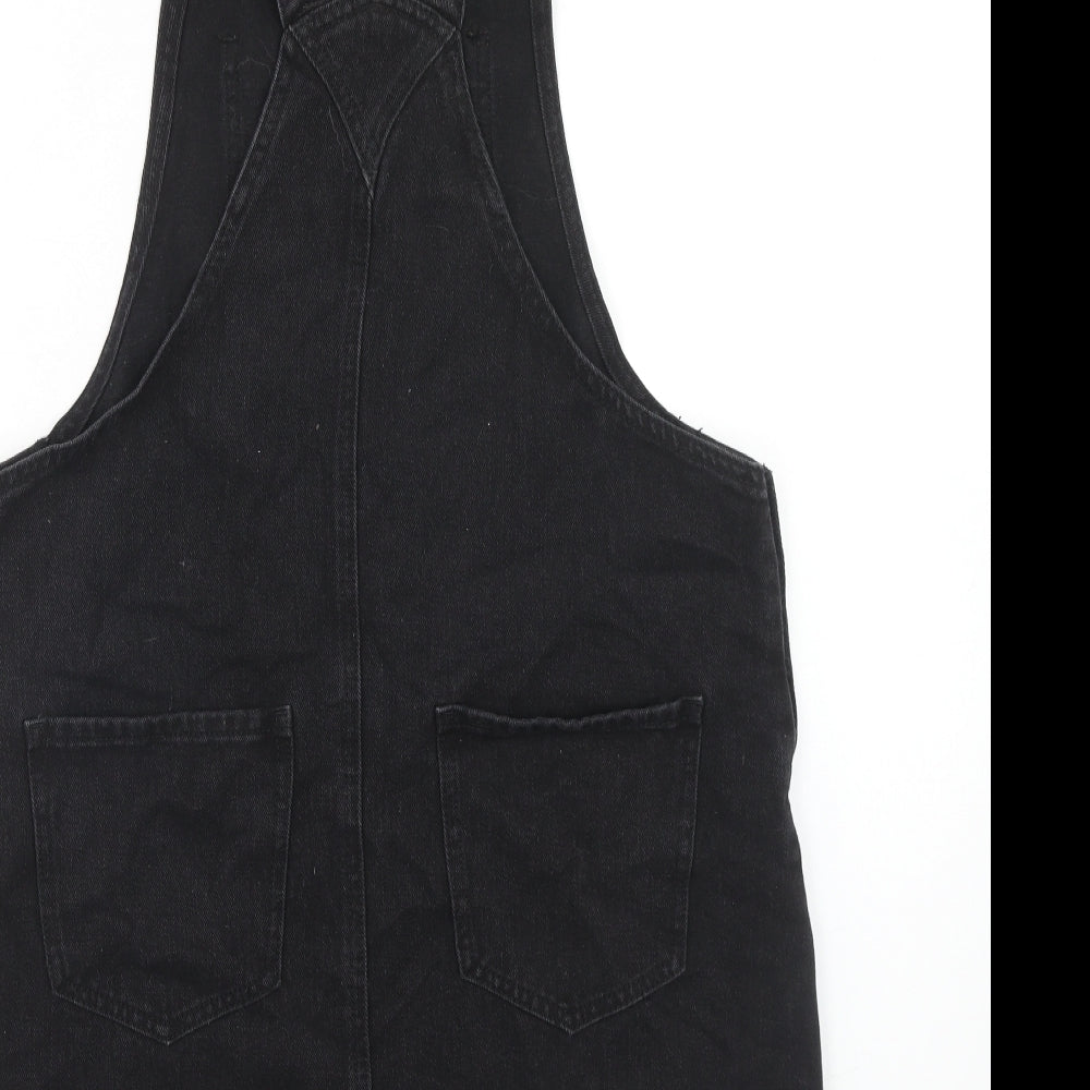 NEXT Womens Black Cotton Pinafore/Dungaree Dress Size 12 Square Neck Buckle