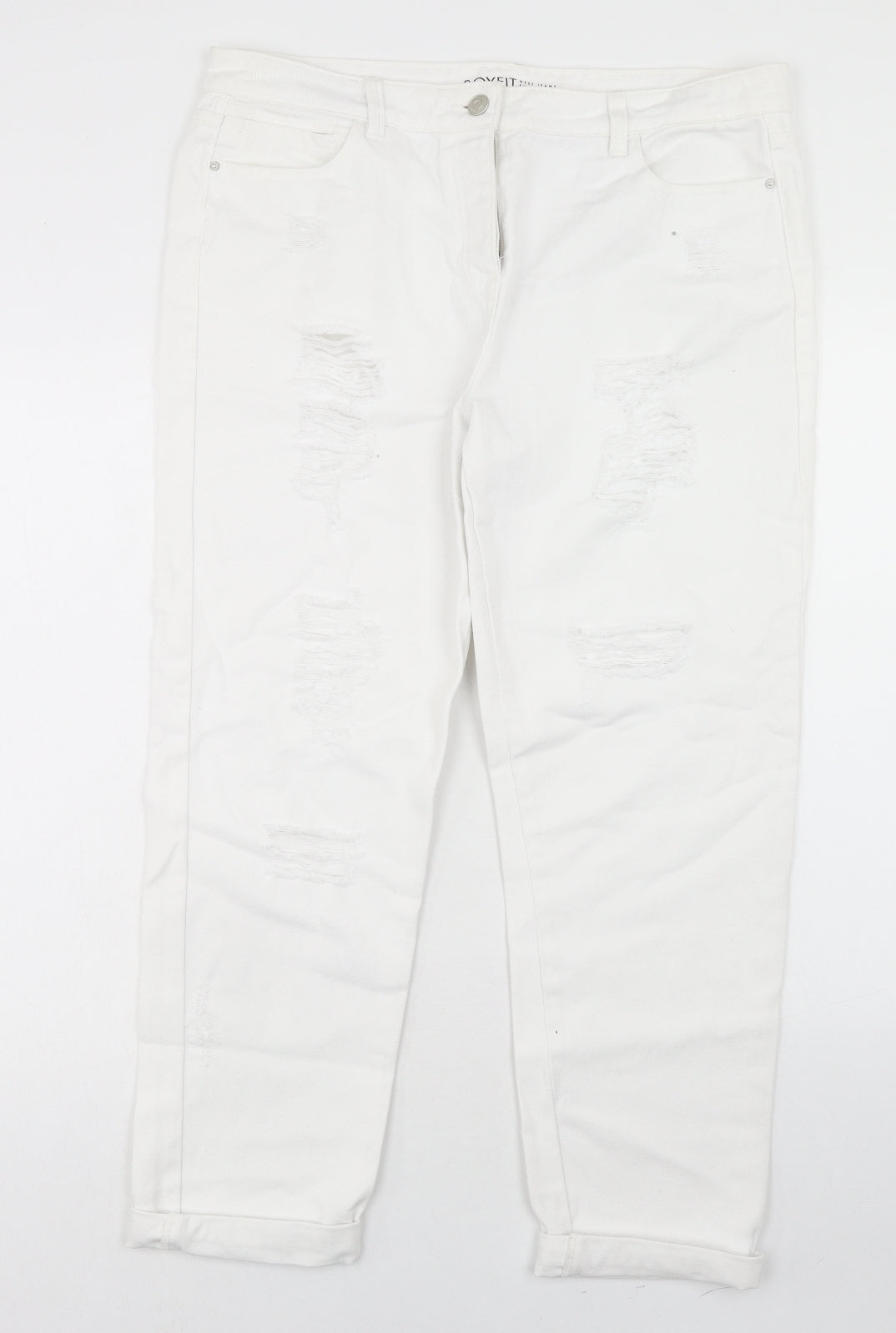 NEXT Womens White Cotton Boyfriend Jeans Size 14 Regular Button