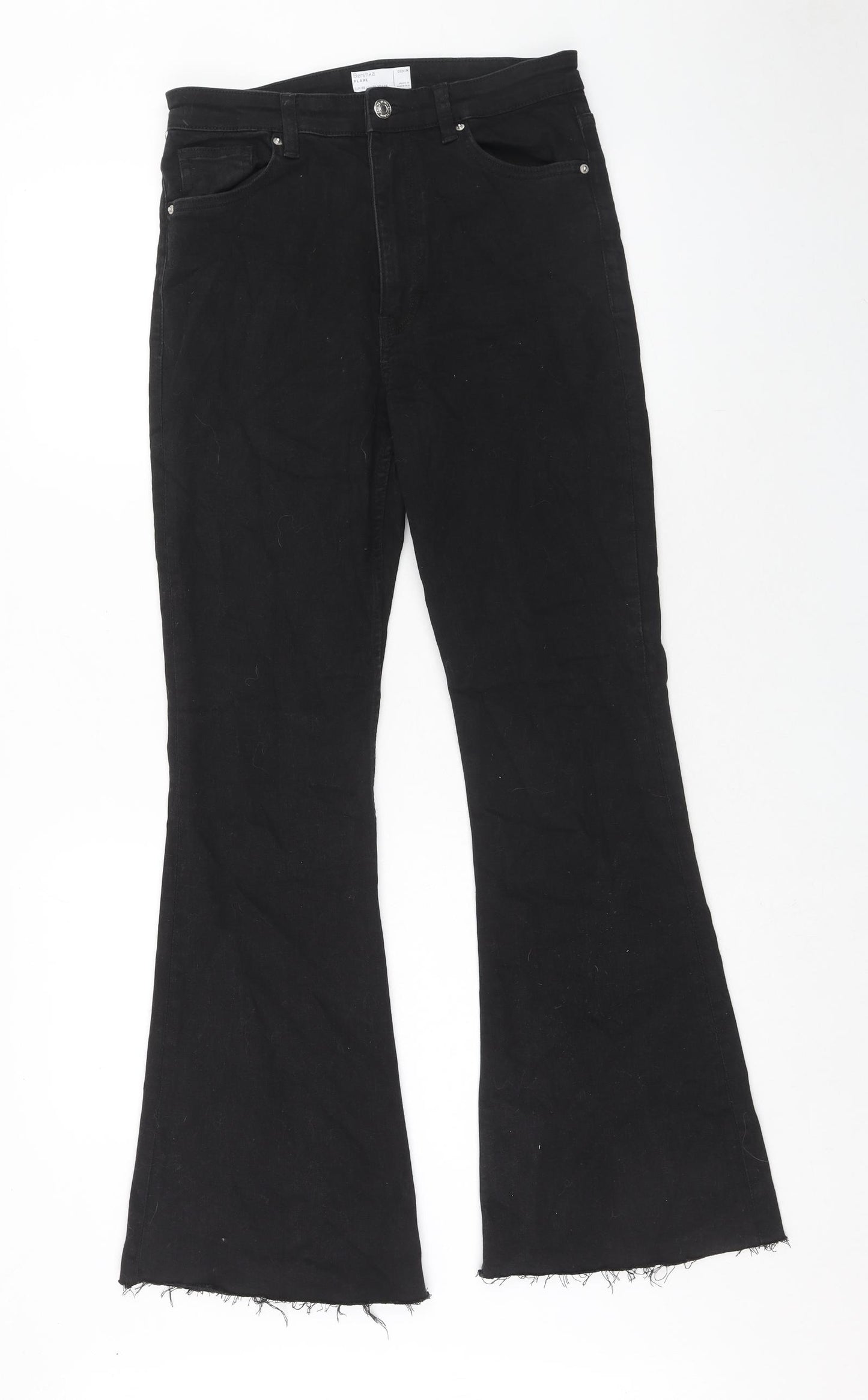 Bershka Womens Black Cotton Flared Jeans Size 10 Regular Zip - Distressed Hems