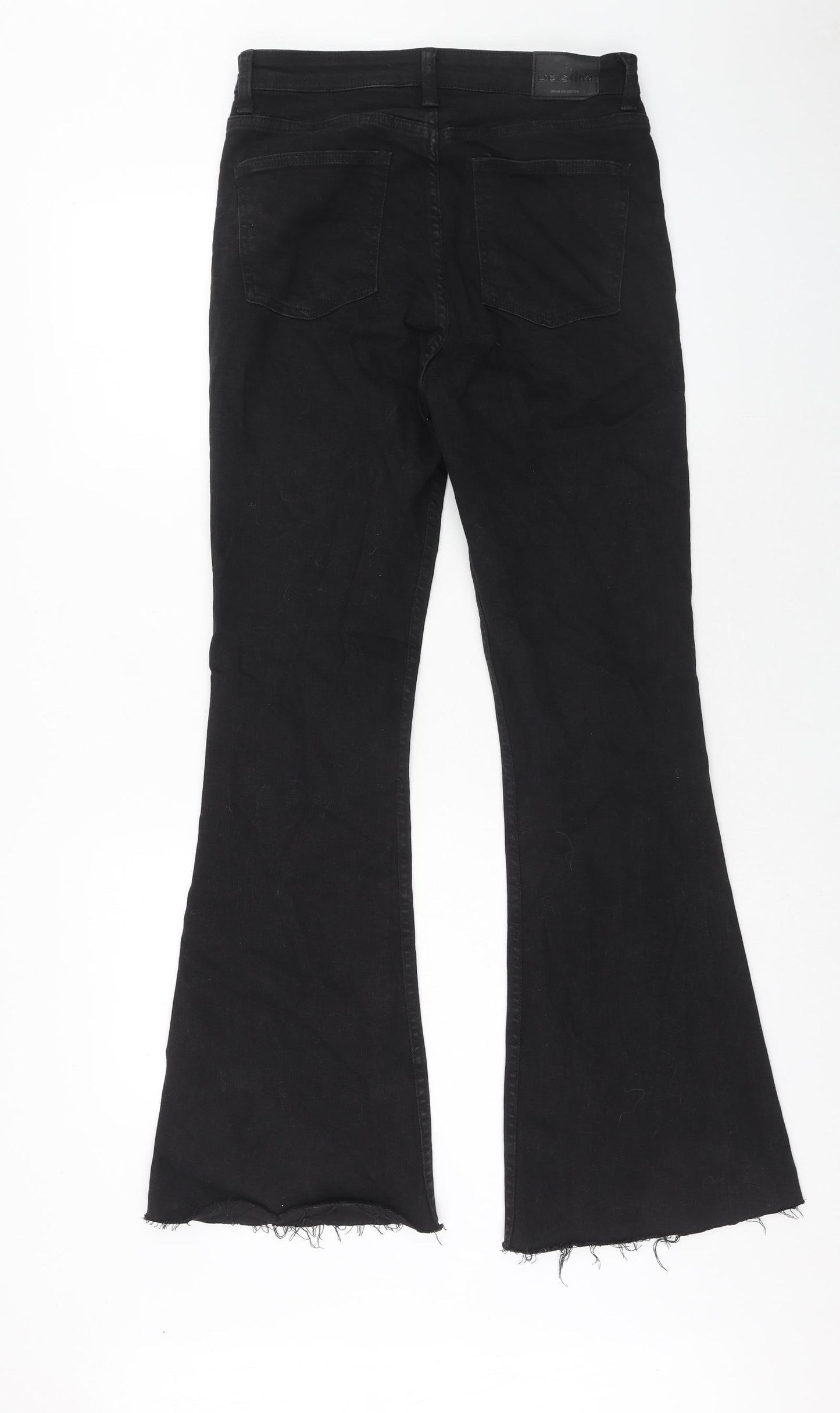 Bershka Womens Black Cotton Flared Jeans Size 10 Regular Zip - Distressed Hems