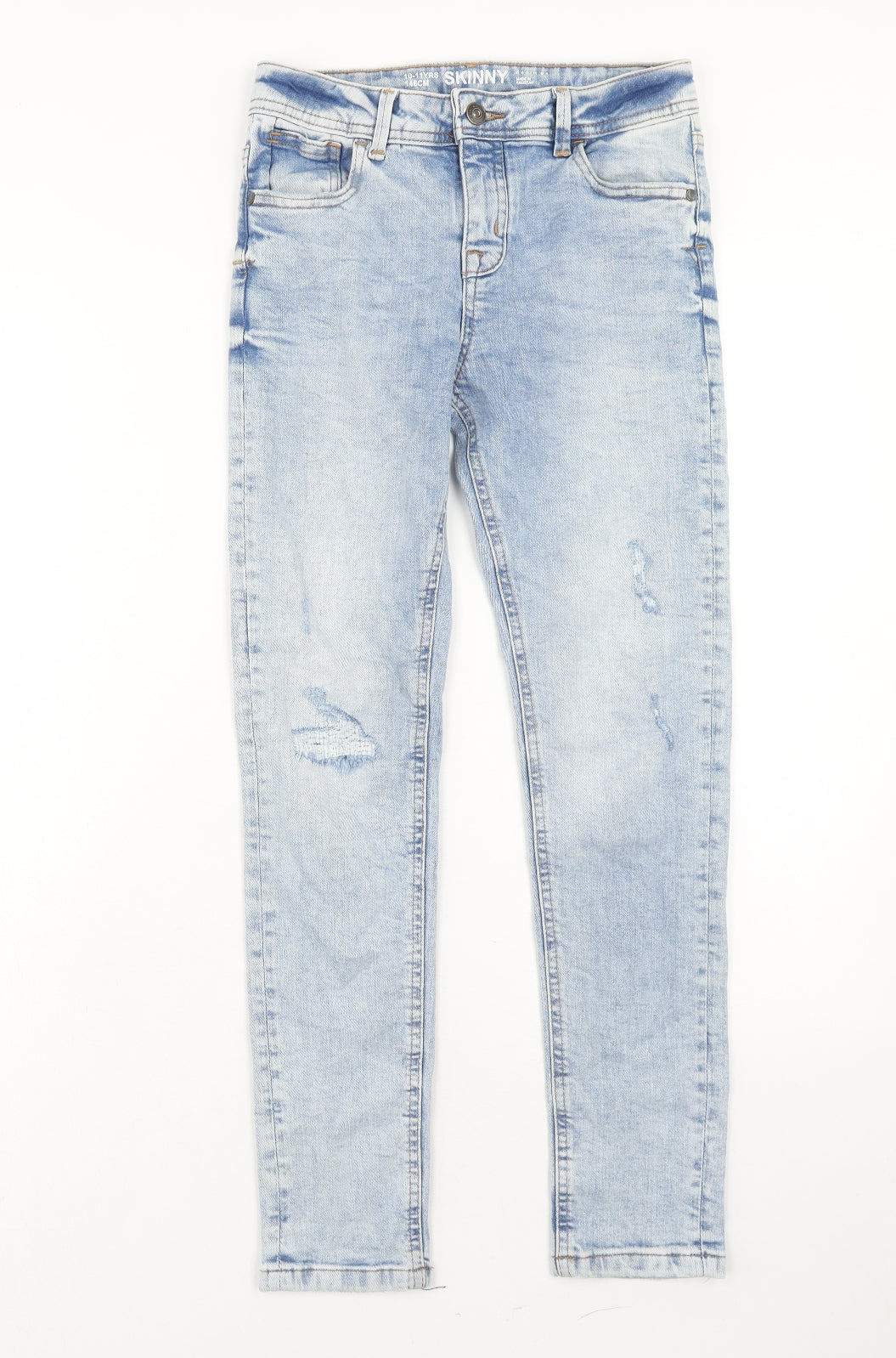 Denim & Co. Girls Blue Cotton Skinny Jeans Size 10-11 Years Regular Zip - Distressed