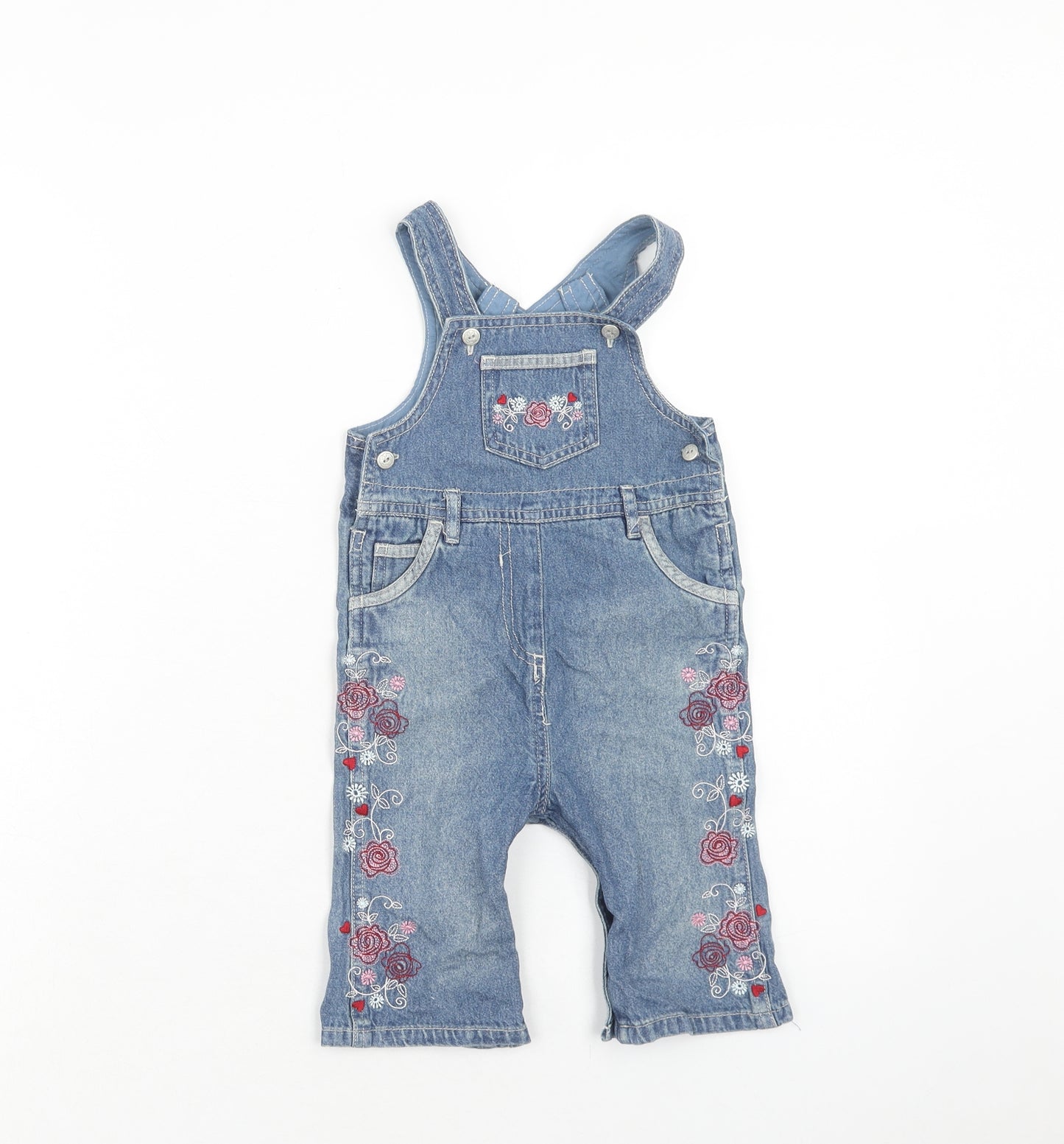 Mothercare Girls Blue Cotton Dungaree One-Piece Size 6-9 Months Button - Floral Detail