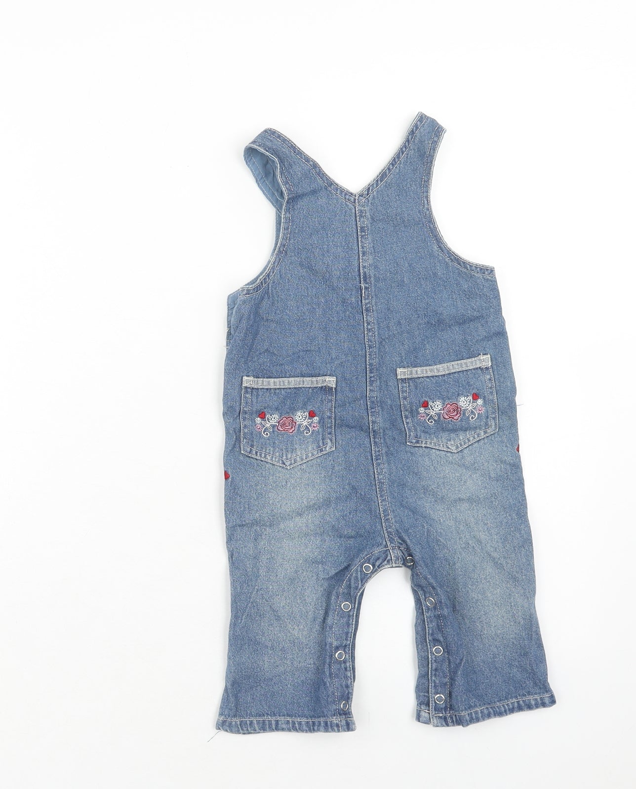 Mothercare Girls Blue Cotton Dungaree One-Piece Size 6-9 Months Button - Floral Detail