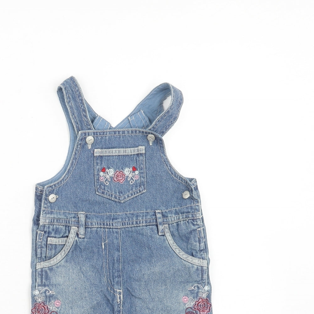 Mothercare Girls Blue Cotton Dungaree One-Piece Size 6-9 Months Button - Floral Detail