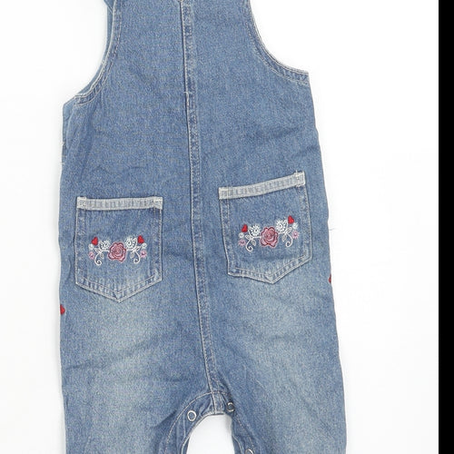 Mothercare Girls Blue Cotton Dungaree One-Piece Size 6-9 Months Button - Floral Detail