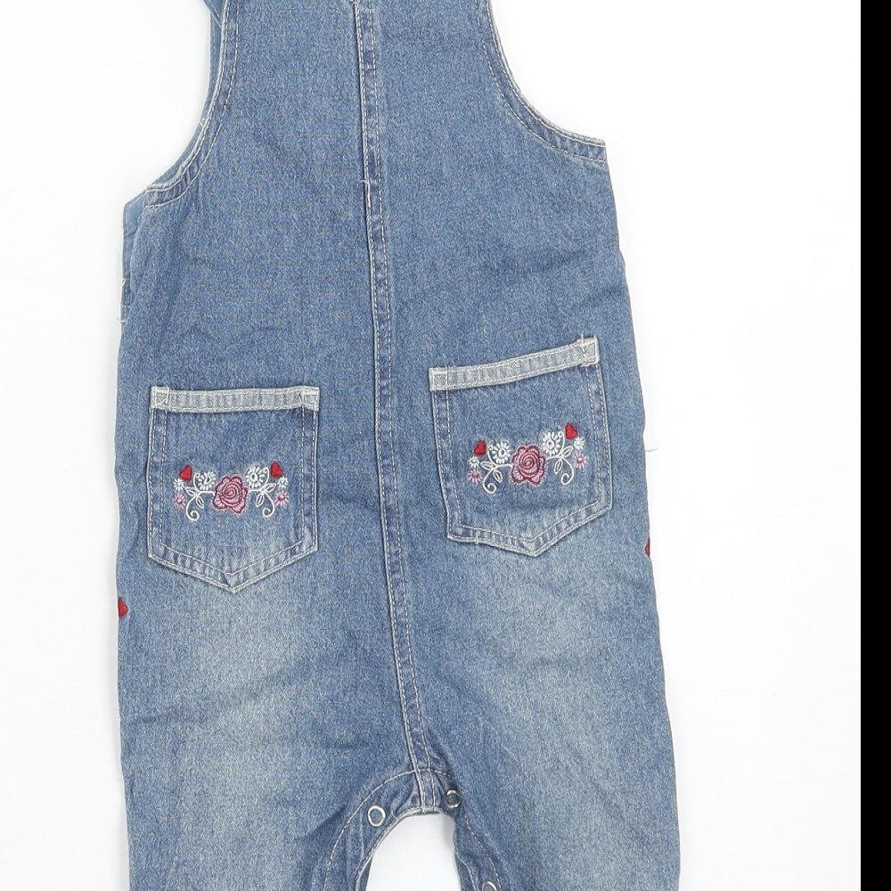 Mothercare Girls Blue Cotton Dungaree One-Piece Size 6-9 Months Button - Floral Detail