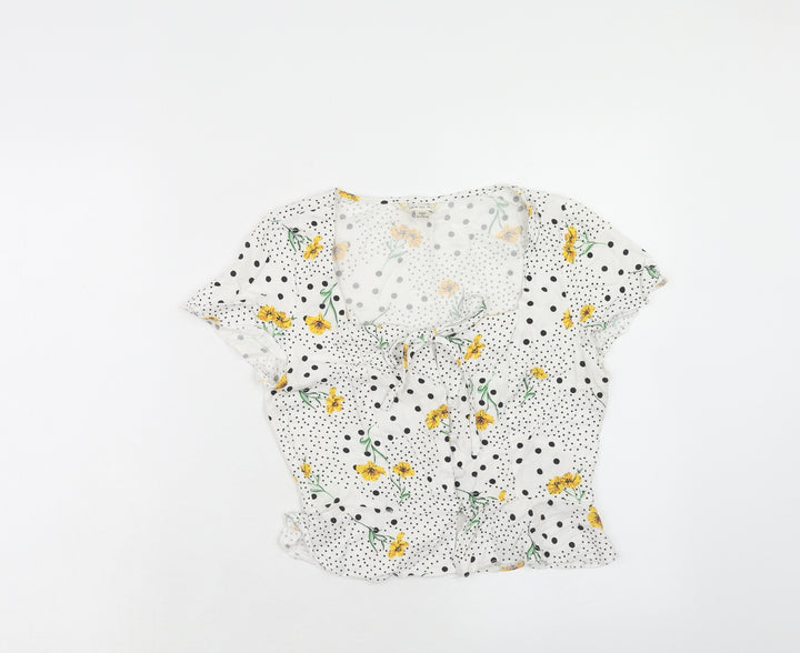 Miss Selfridge Womens White Floral Viscose Basic Blouse Size 6 Square Neck - Polka Dot