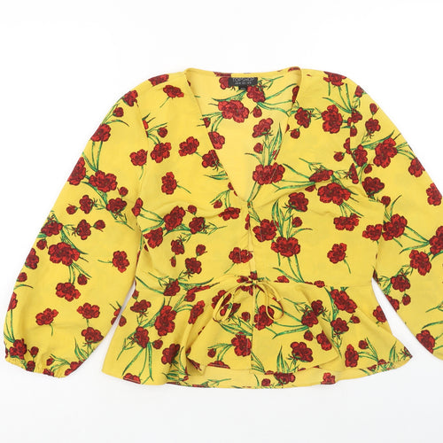 Topshop Womens Yellow Floral Polyester Basic Blouse Size 10 V-Neck