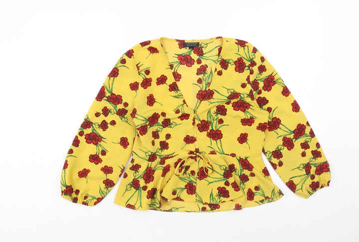 Topshop Womens Yellow Floral Polyester Basic Blouse Size 10 V-Neck
