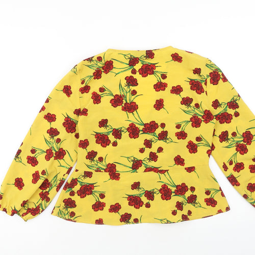 Topshop Womens Yellow Floral Polyester Basic Blouse Size 10 V-Neck