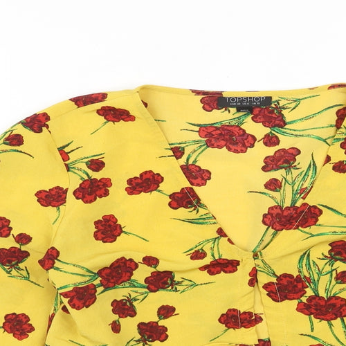 Topshop Womens Yellow Floral Polyester Basic Blouse Size 10 V-Neck