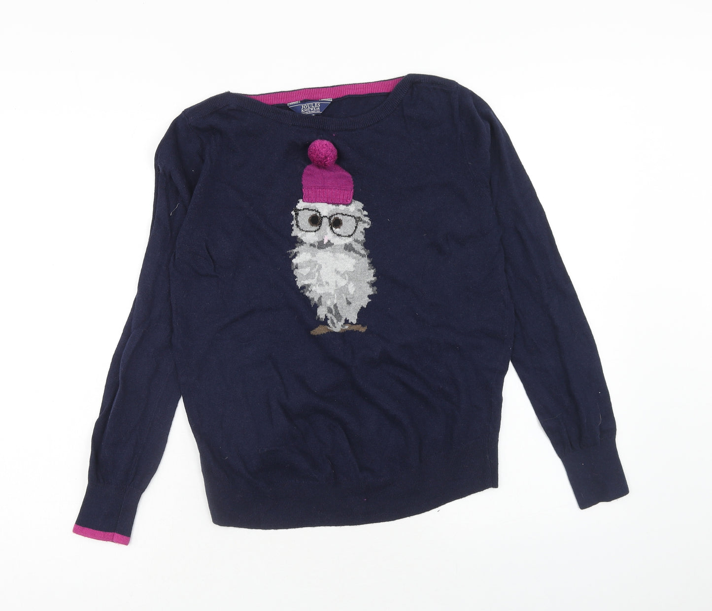 Joules Womens Blue Boat Neck Cotton Pullover Jumper Size 14 - Owl in Glasses