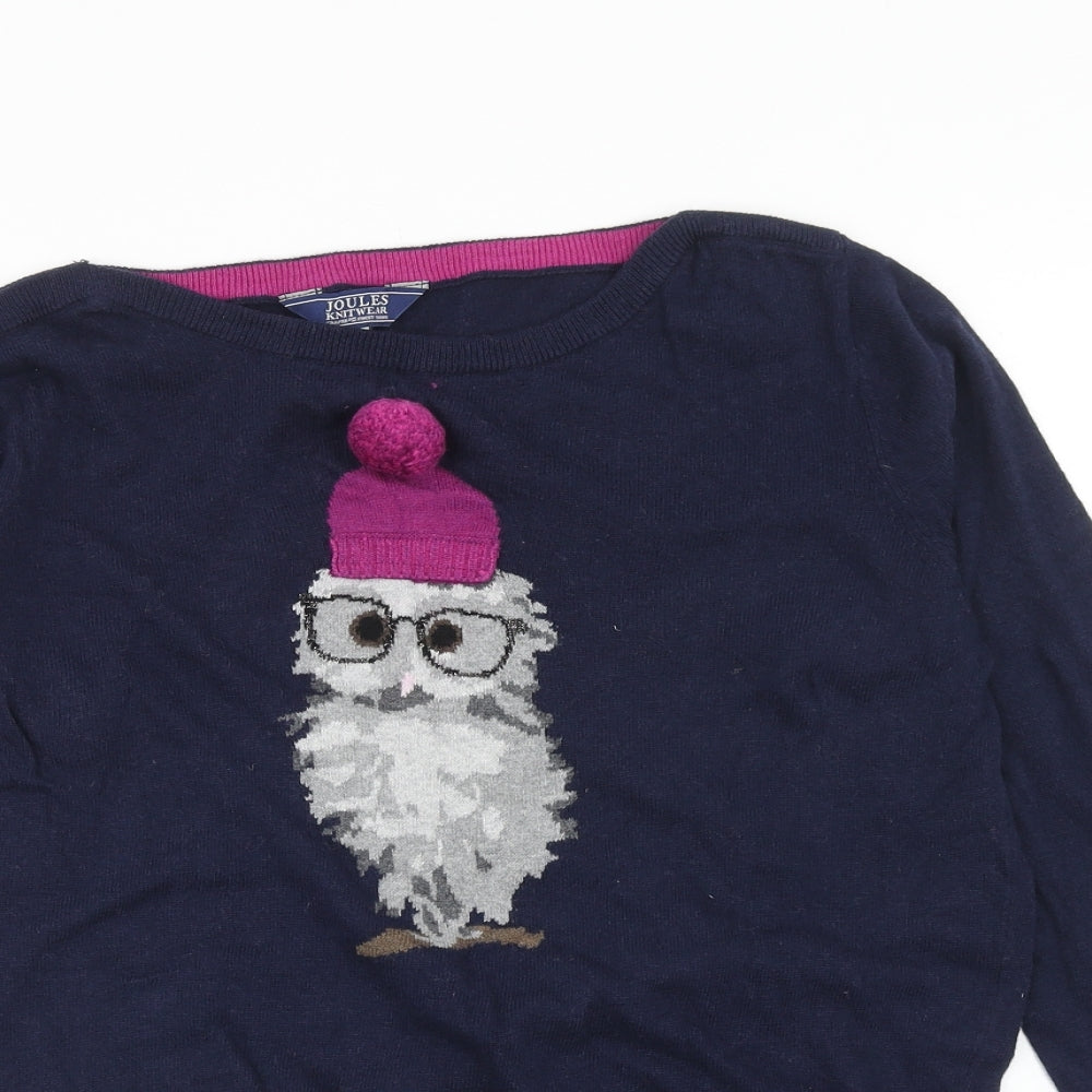 Joules Womens Blue Boat Neck Cotton Pullover Jumper Size 14 - Owl in Glasses