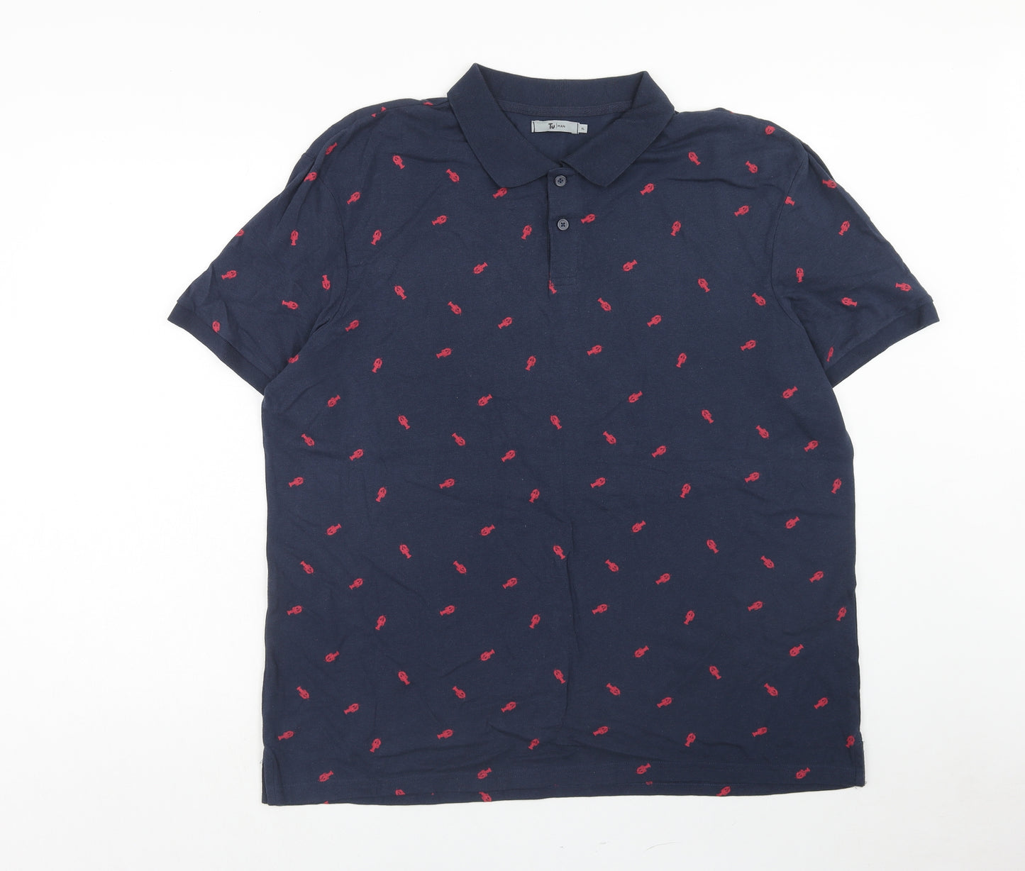 TU Mens Blue Geometric Cotton Polo Size XL Collared Button - Lobster