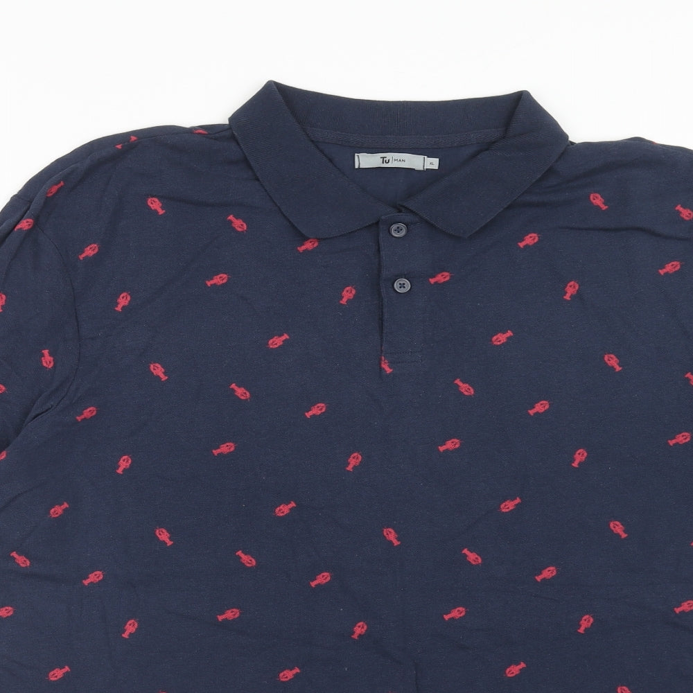 TU Mens Blue Geometric Cotton Polo Size XL Collared Button - Lobster