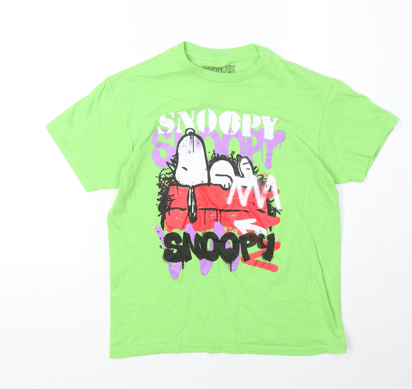 Peanuts Boys Green 100% Cotton Basic T-Shirt Size S Round Neck Pullover - Snoopy