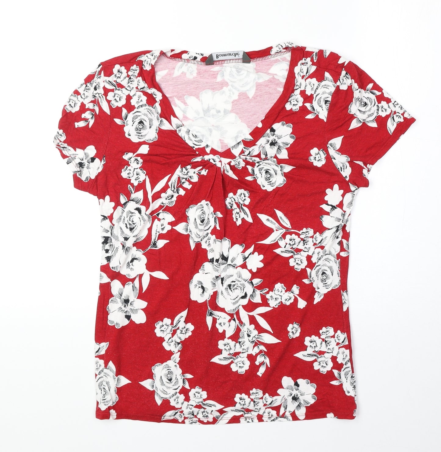 Bonmarché Womens Red Floral Viscose Basic T-Shirt Size 12 V-Neck