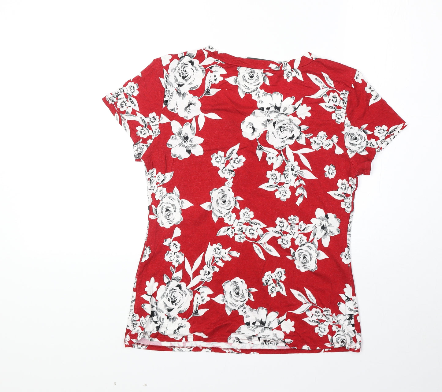 Bonmarché Womens Red Floral Viscose Basic T-Shirt Size 12 V-Neck