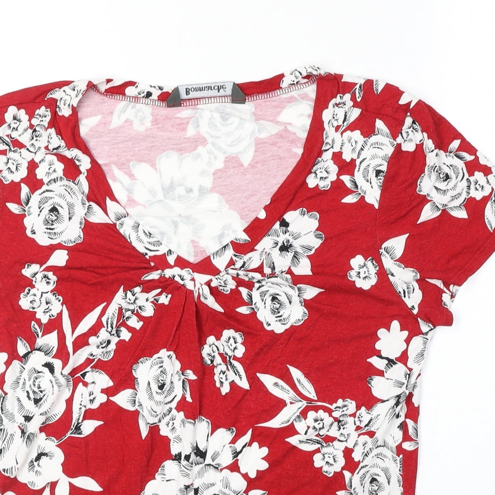 Bonmarché Womens Red Floral Viscose Basic T-Shirt Size 12 V-Neck