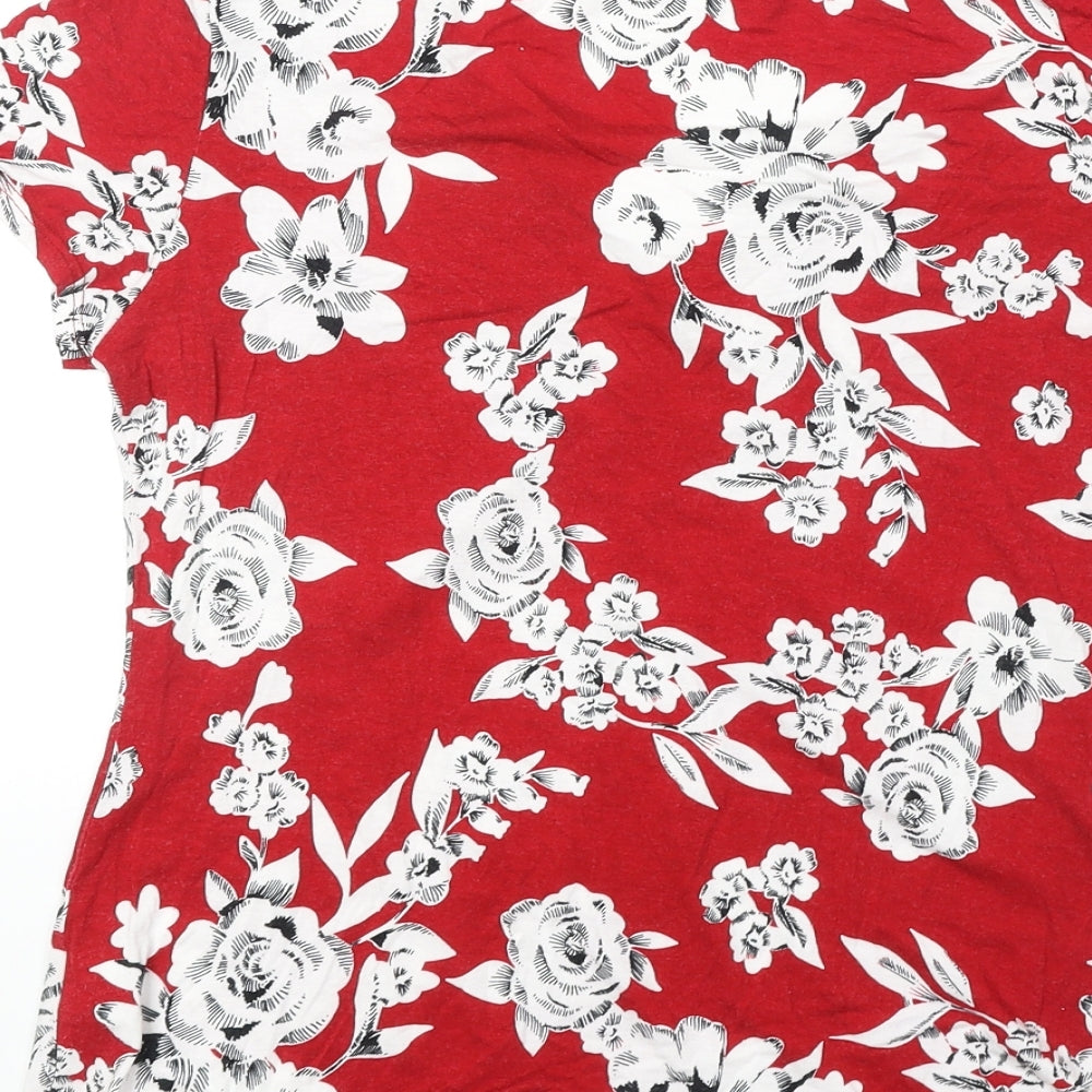 Bonmarché Womens Red Floral Viscose Basic T-Shirt Size 12 V-Neck