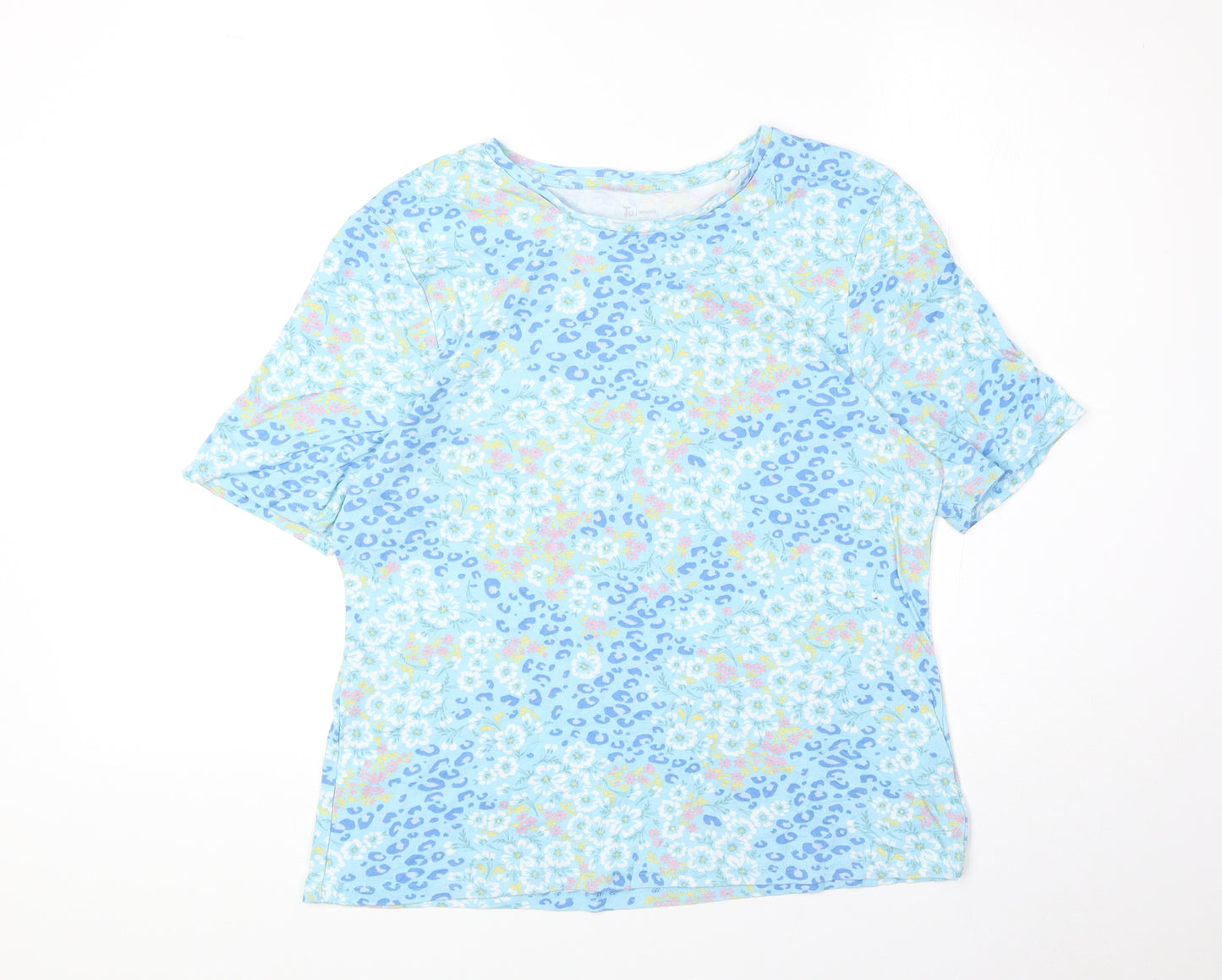 TU Womens Blue Geometric 100% Cotton Basic T-Shirt Size 18 Round Neck